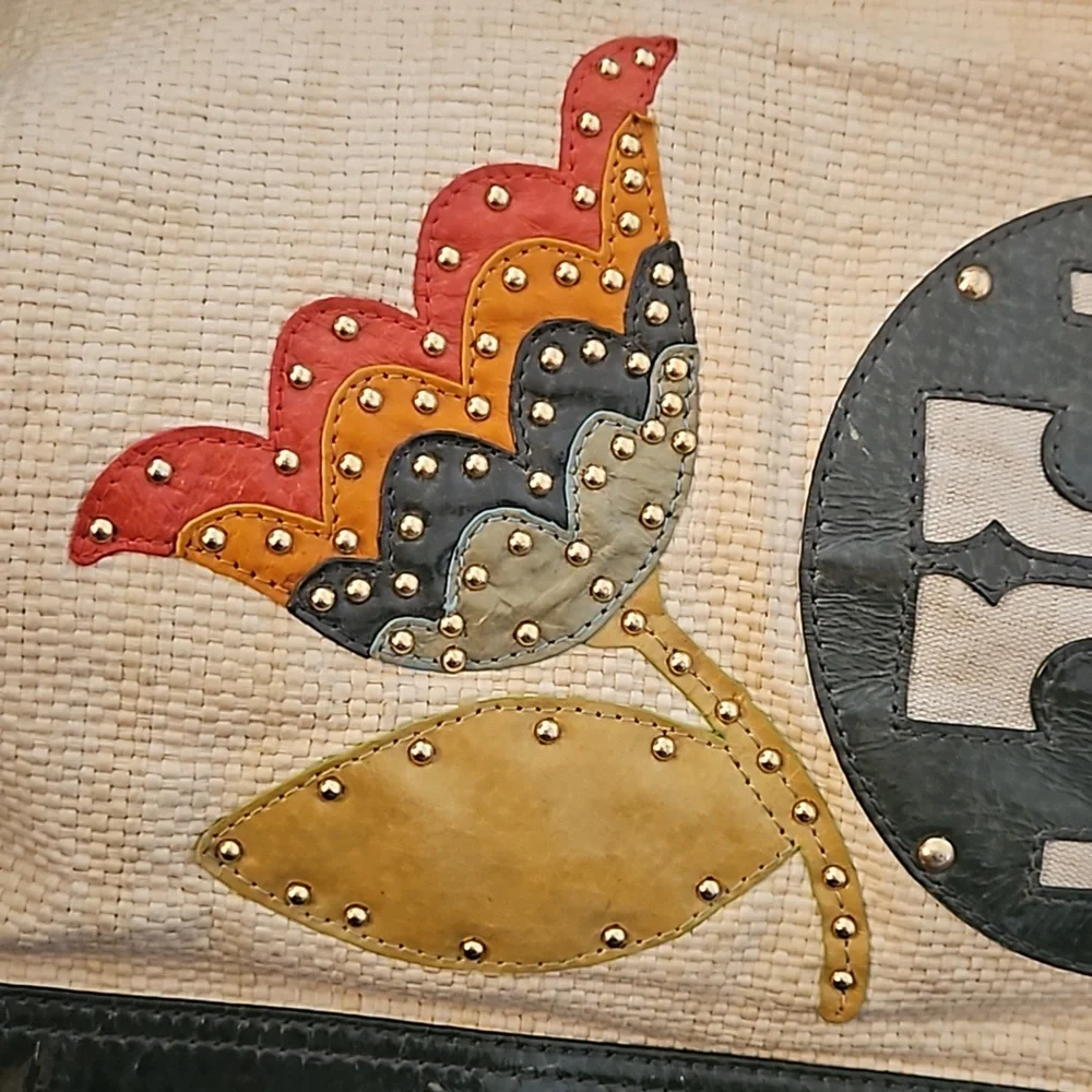 Tory Burch Cream Canvas Tote with Black Trim and Multicolor Butterfly Appliqués